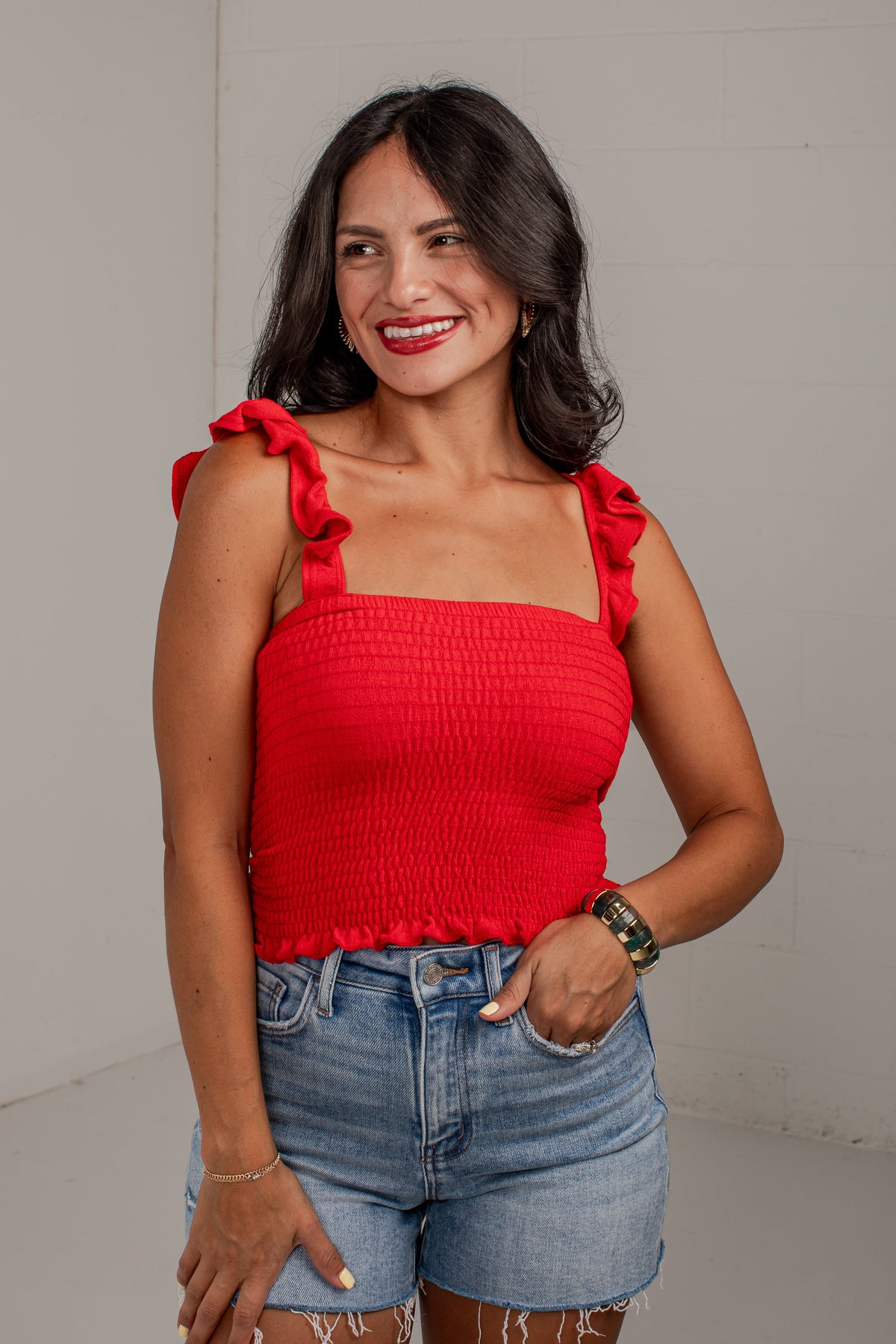 Center Stage Smocked Ruffle Tank