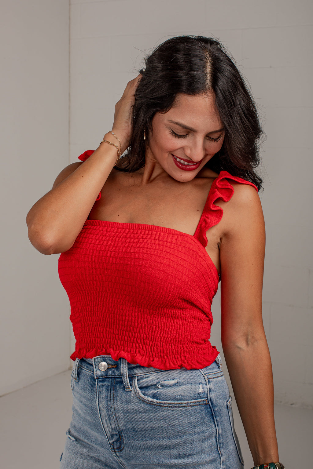 Center Stage Smocked Ruffle Tank