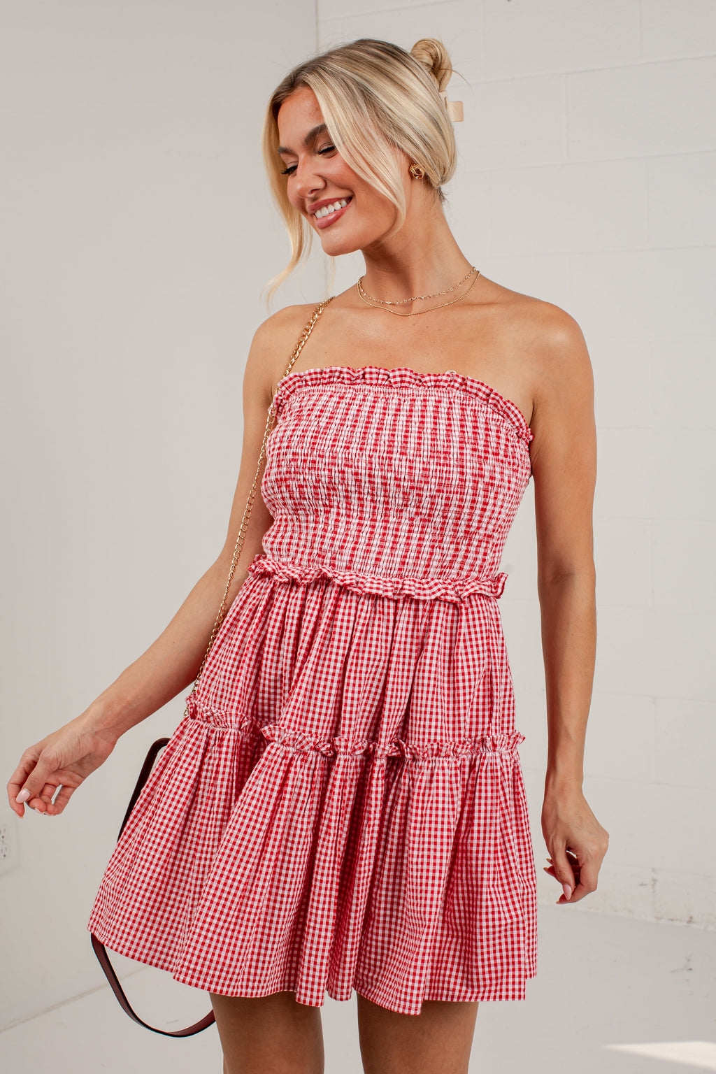 A Little Statement Red Gingham Smocked Mini Dress