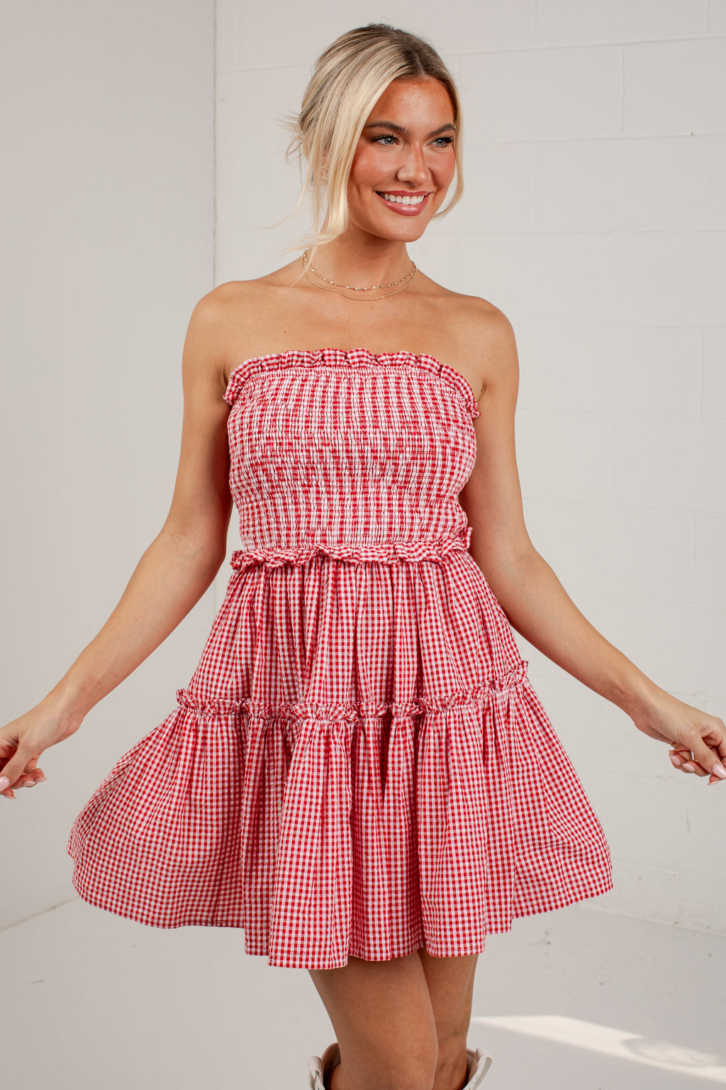 A Little Statement Red Gingham Smocked Mini Dress
