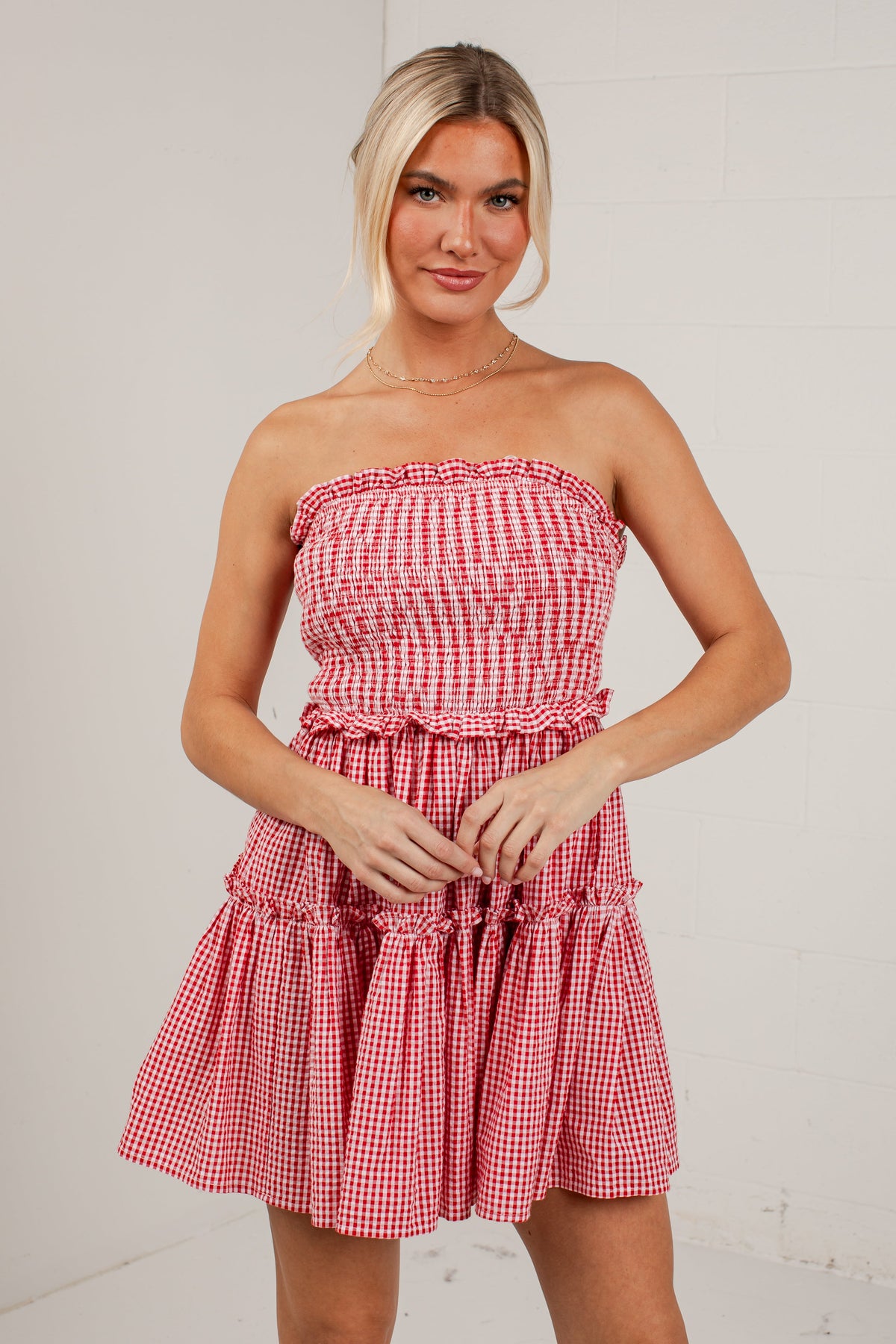 A Little Statement Red Gingham Smocked Mini Dress