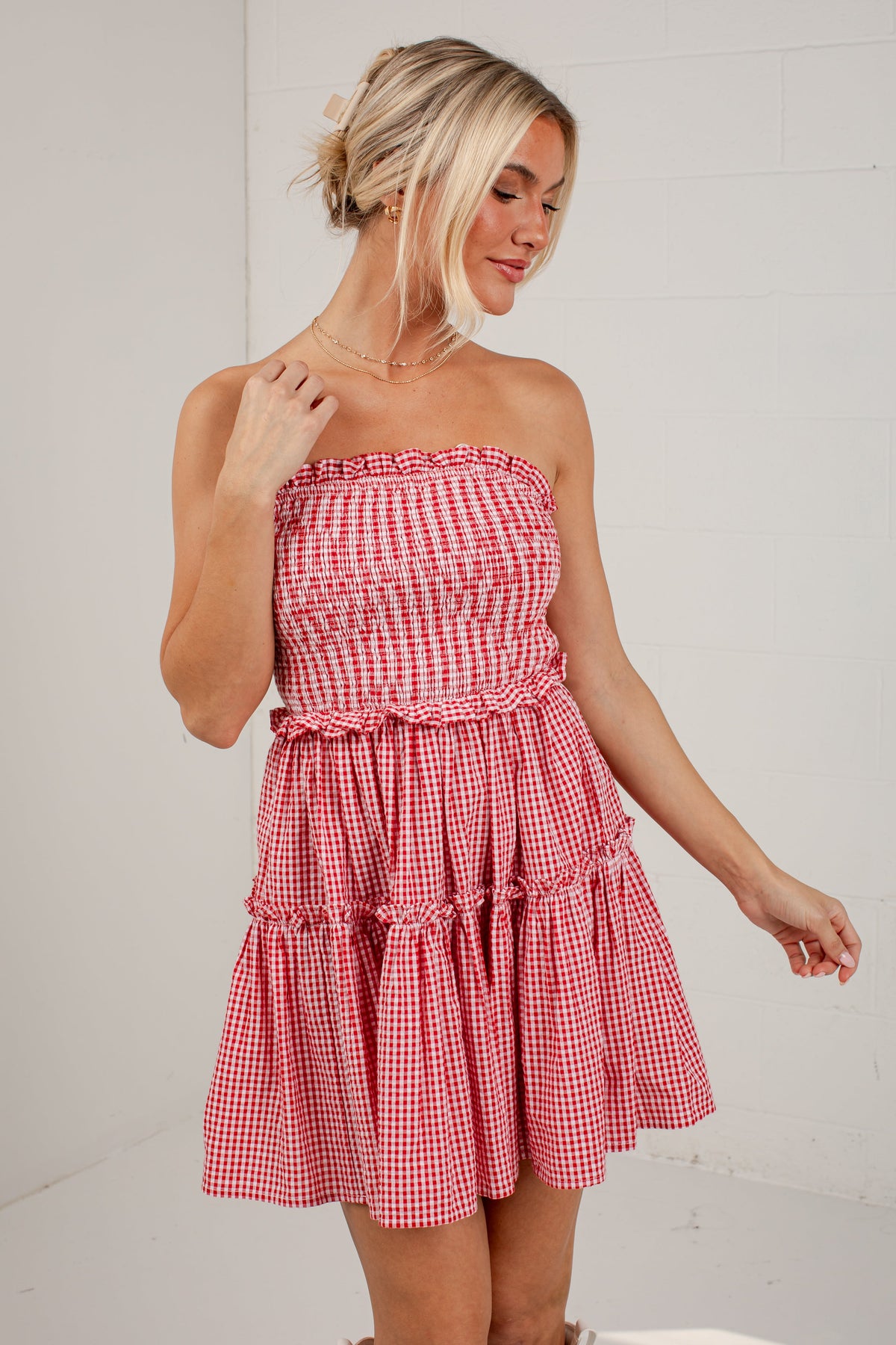 A Little Statement Red Gingham Smocked Mini Dress
