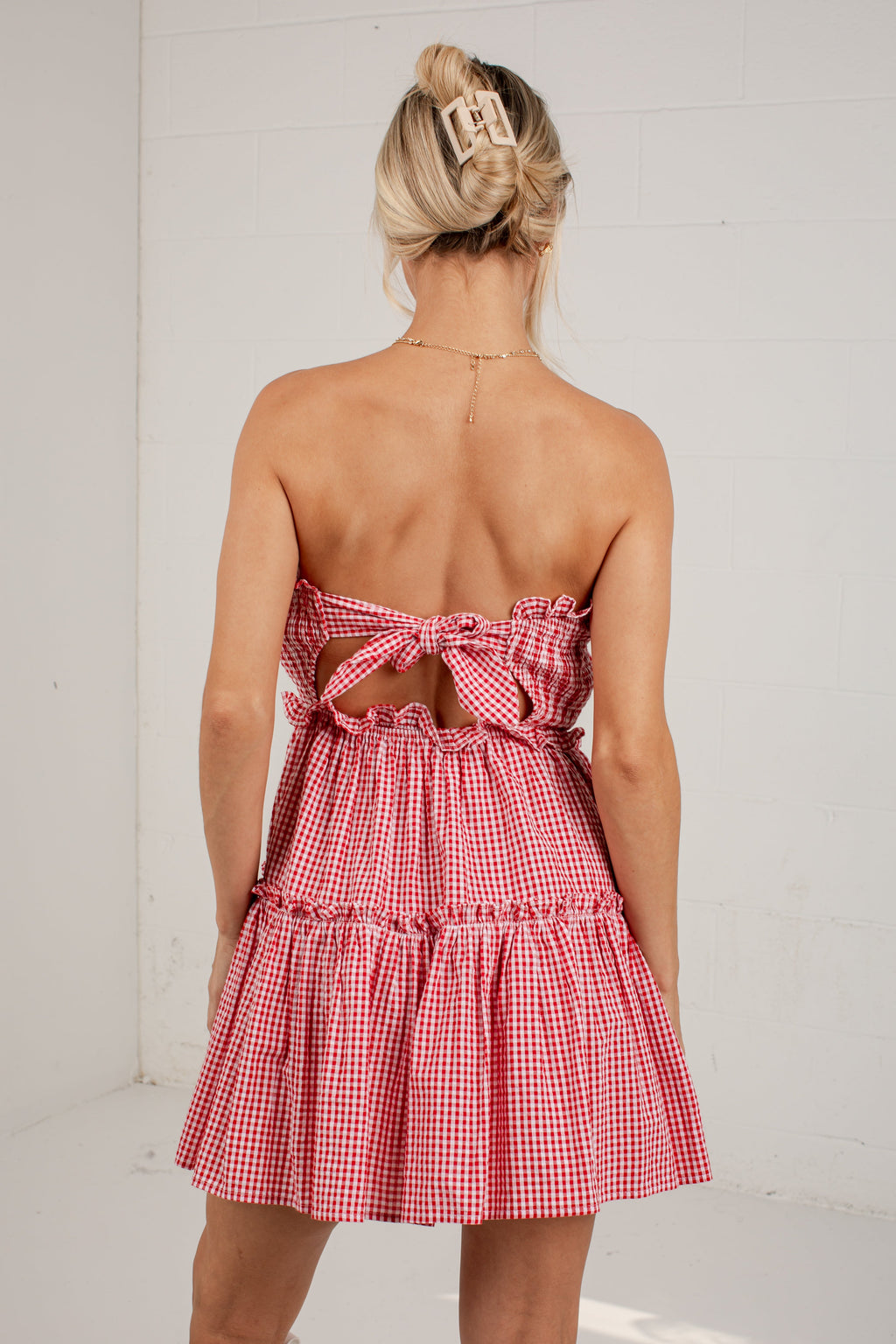 A Little Statement Red Gingham Smocked Mini Dress