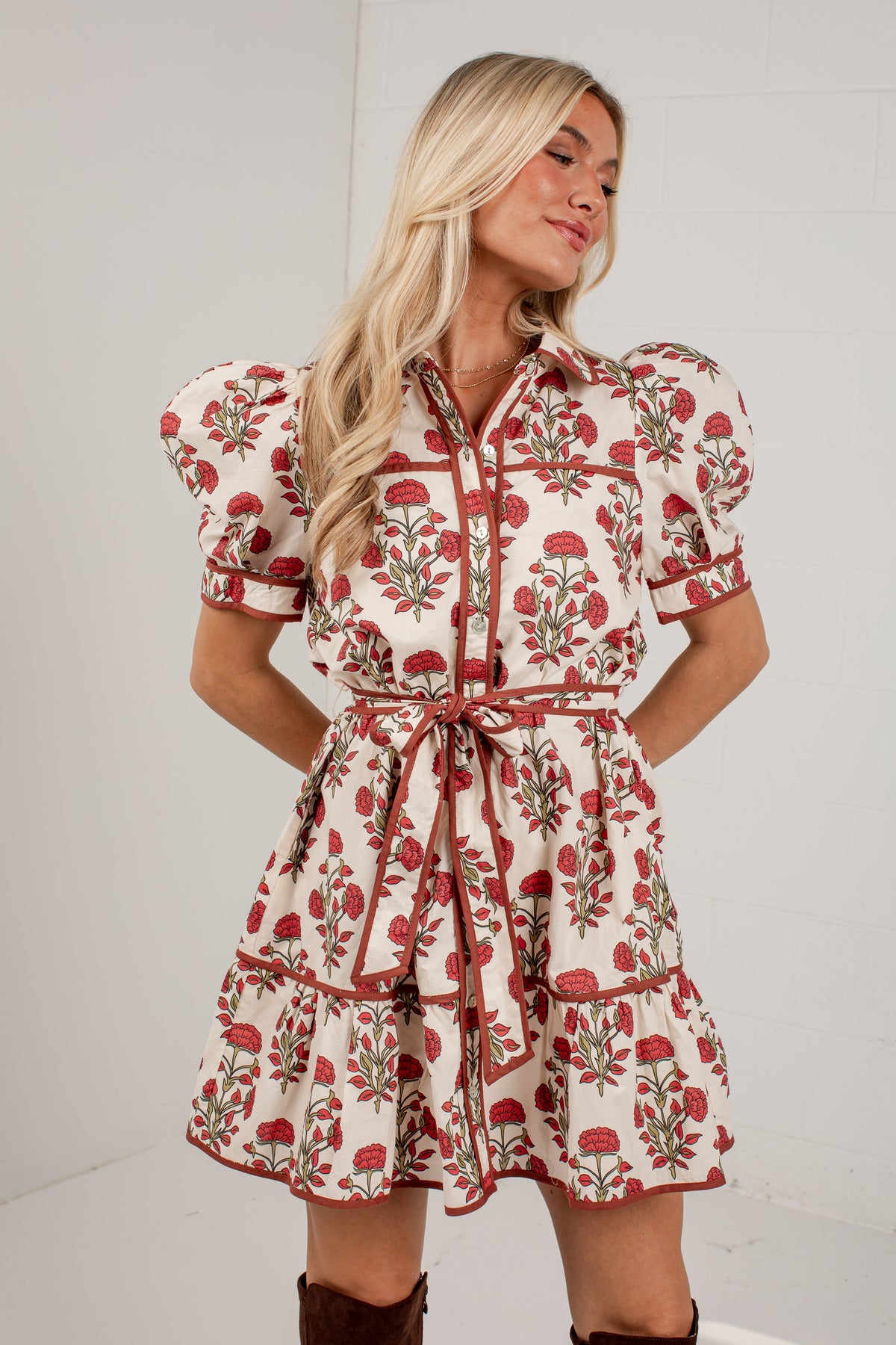 Countryside Charm Ivory Floral Belted Mini Dress