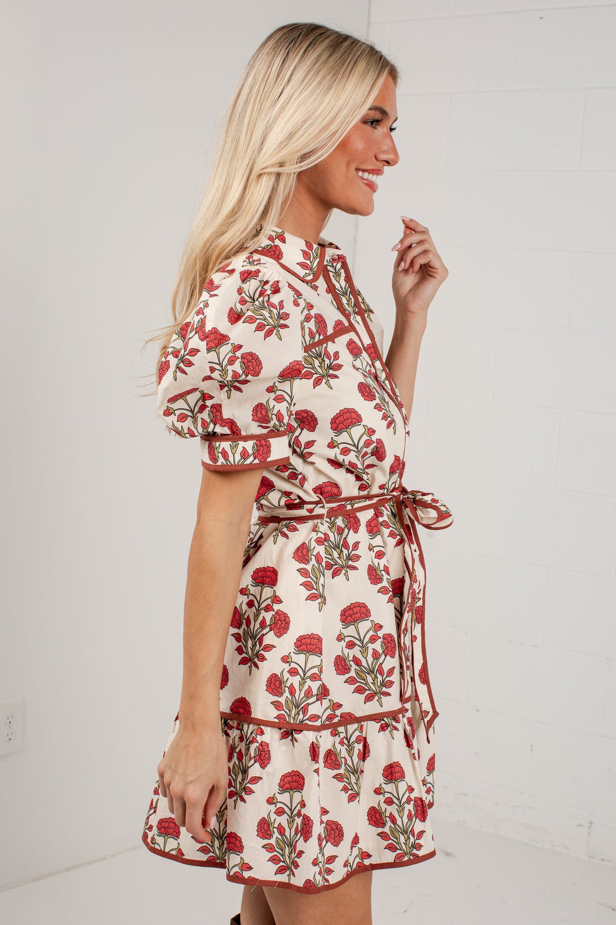 Countryside Charm Ivory Floral Belted Mini Dress