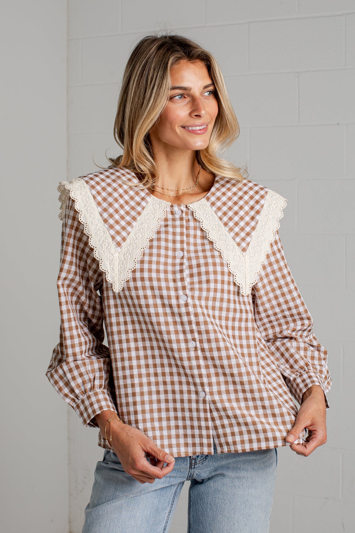 Cottage Calling Gingham Taupe Collar Blouse